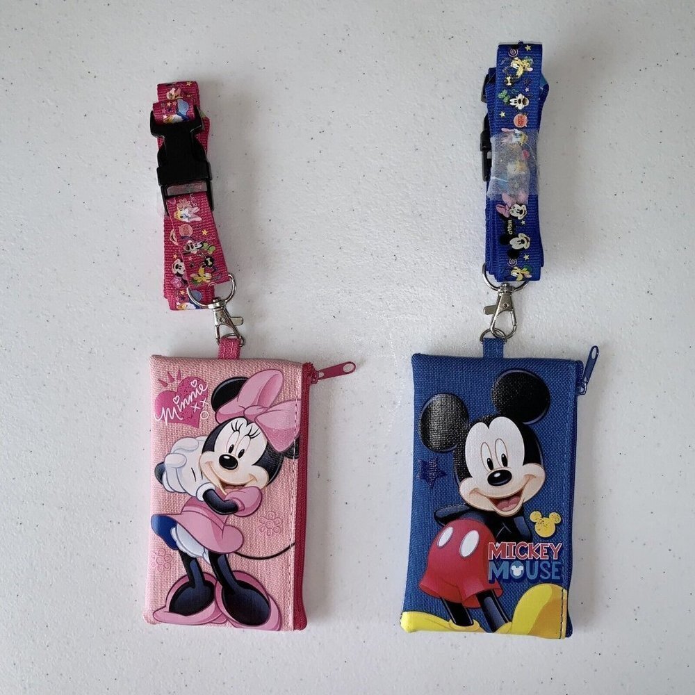 Disney Mickey & Minnie Set of 2 Lanyard ID Ticket Badge Key Chain Zip Pouch